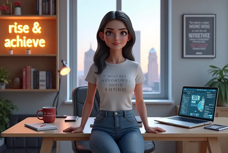 A hyper-realistic image of a 25-year-old boy virtual AI character in a modern, minimalistic desk studio. The character is seated confidently at a sleek wooden desk with a futuristic laptop glowing faintly. They have youthful features, clear skin, and expre...