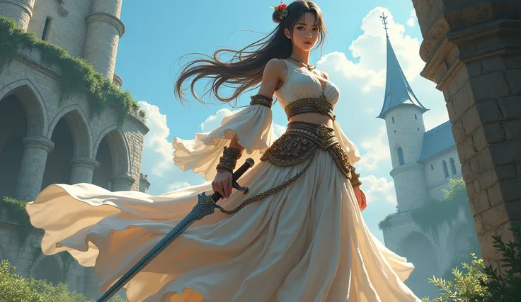 Japanese anime style. woman. middle ages. Europe. fantasy. skirt. sword. Are standing. Whole body. from below.  