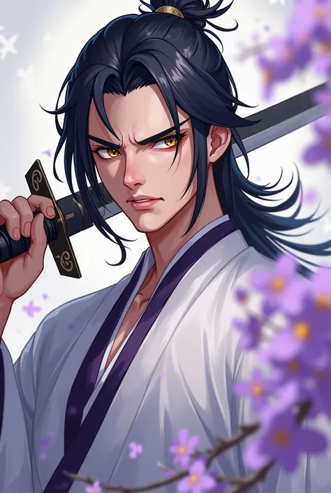  Create for me a male character from fantasy Chinese manga who wears white Hanfu clothes with details of light lilac flowers almost transparent,  his face is inexpressive but angular ,  with an arched nose and his eyebrows are striking ,  giving the feelin...