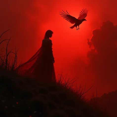 ( in Lillian Bassman style:1.8),(Mysterious landscape),Full of suspense,fantasy, dark , dark ,atmospheric,Dark Flying Bird Silhouette ,(Future Technology:1.3),(red dark red palette:1.5),