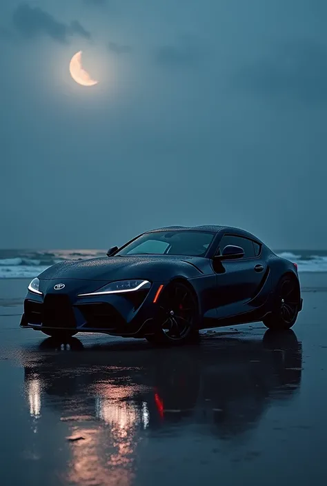 Toyota supra At the beach with a moon and rain
