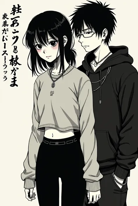 In the style of Junji Ito, Junji ito Manga type image, girl, Long sleeve crop top sweater, black leggings, necklace, ring, afraid, medium length hair, long bangs, hair tied back into a low pony tail, man in a black hoodie, sleeves rolled halfway up, black ...