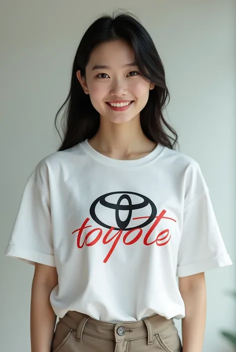 Headshot of a cute Japanese woman wearing a big logo Toyota logo t-shirt and chinos standing facing the front