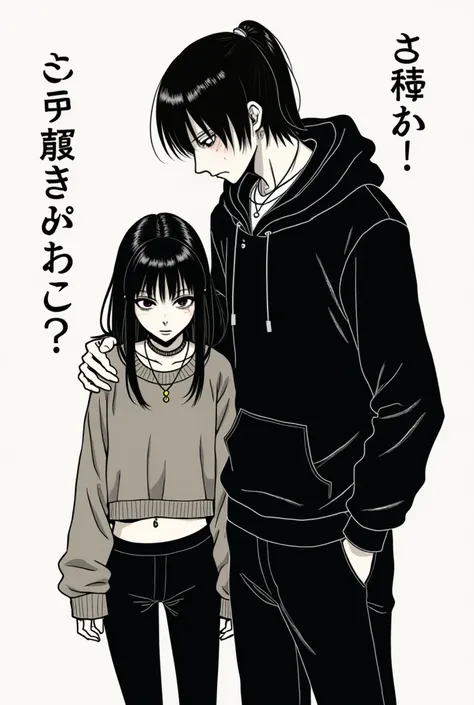 In the style of Junji Ito, Junji ito Manga type image, girl, Long sleeve crop top sweater, black leggings, necklace, ring, afraid, medium length hair, long bangs, hair tied back into a low pony tail, man in a black hoodie, sleeves rolled halfway up, black ...