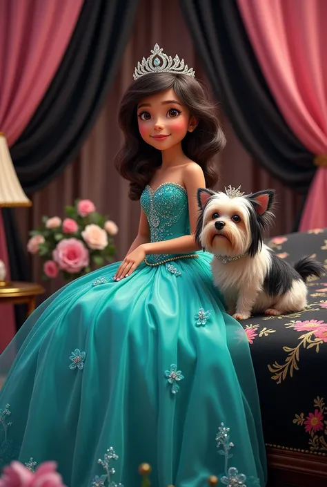  A Pixar cover 
A 15-year-old girl sitting on a bed wearing a turquoise quinces dress with the crown, the bed is made of diamond ,  the sheet is black with flowers ,  the curtains are old pink and black .  On the black ones there is a diamond cutter who ca...