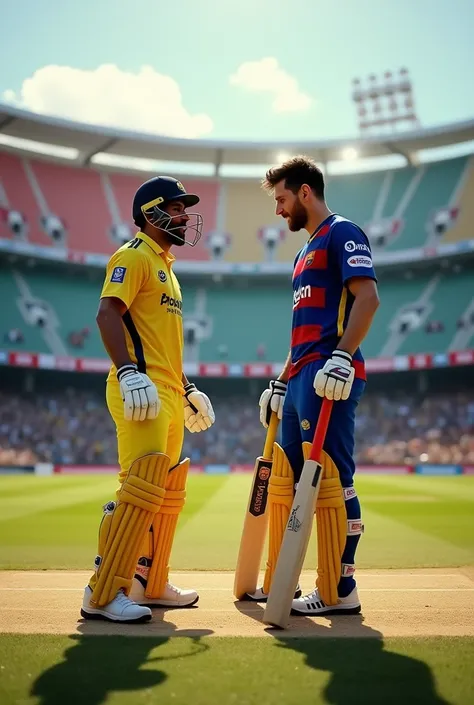 Messi playing cricket with Ms Dhoni in Chennai super kings jersey 