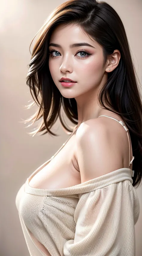 1woman, (Ultra realistic, high res), (highly detailed eyes, highly detailed hair, highly detailed face, highly detailed plump lips), (off shoulder with open breasts), breasts, upper body, caute smile, (best quality:1.4), Raw photo, (realistic, photo-realis...