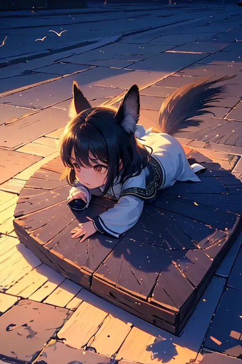 ((   best quality )), (( masterpiece:1.2 )), (((Shadows on the ground:The Shadow of a Flying Bird：1.2))),   perfect face , Chibi character， beautiful girl , Baby kitsune，Professional photography， Angle from above  ,