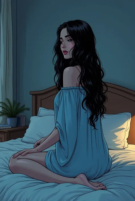 Can you create a comic book . A long black  hair one girl that was wearing color blue  night gown girl who are getting ready to sleep.