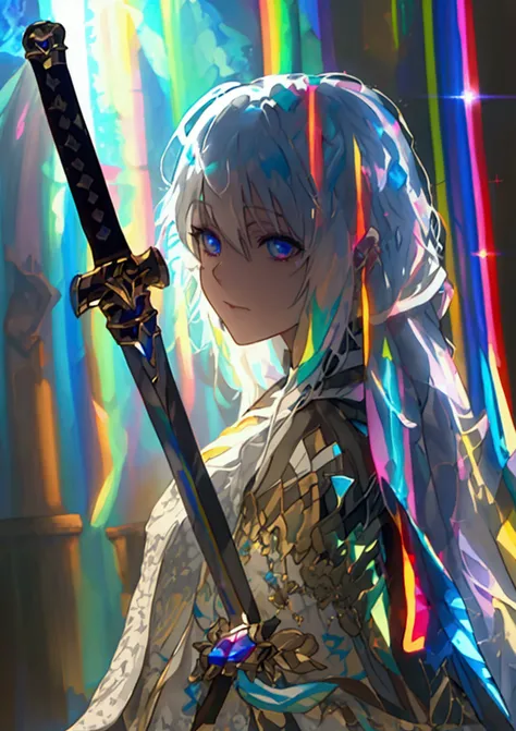 Full body painting、Alone、Mature woman ,arms(With a long sword),brilliance -v1 、  wears white cloak  、 Long Hair、Silvery white hair, Dark Eyes, auroras shine  、  sparkling light of the rainbow  、((  Holographic  )),milky way, (Stripes of light),  impressive...