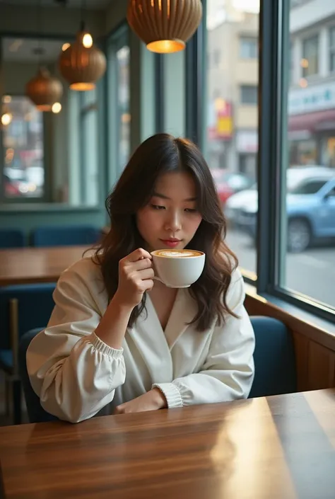 A photo of a popular cafe taken by a world-class professional photographer with SONY α7 III, FE 16-35mm F4 ZA OSS, a cute Shibuya woman drinking high-quality coffee, details, white, blue, black, best quality, myself Believe in your growth and go beyond you...