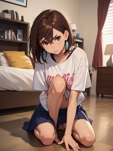 1teengirl, wearing a short stylish skirt and modern t-shirt , at her room, brown short hair, Momo ayase hair style, brown eyes, 8k, high detailed, high quality, high accuracy, underskirt camera angle(between legs), sexy photoshoot( camera on floor), white ...