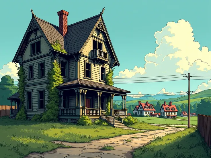 big house, uninhabited, comic drawing style, HD, very detailed, in the background a village