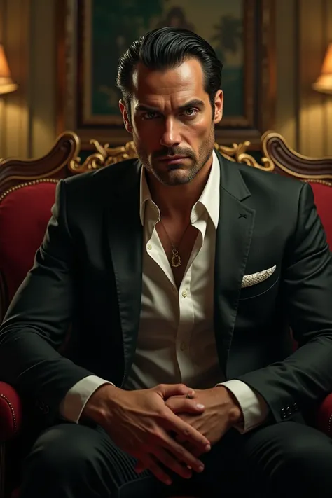 A handsome, good looking Italian Mafia boss with green eyes and black hair, attractive muscles and veins.