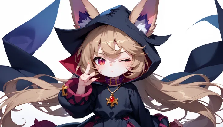 (masterpiece:1.3), (best quality:1.3), (very detailed), (anime style:0.1), game cg, anime coloring,((simple white background)),VexLoLXL,big eyes,yordle,shortstack,red eyes,((light brown hair,bangs,long hair)),shiny_skin,white_skin,white skin,black hood,hoo...