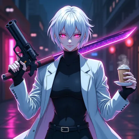 2d anime,boys,white hair,full white skin,holding revolver in right hands,red neon eyes,purple neon katana in back,white jacket outwear,black turtleneck sweather,holding cup of coffe in left hands