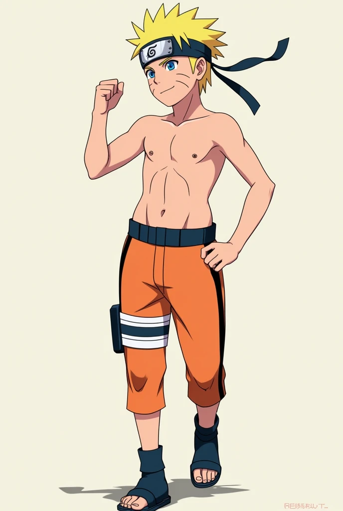 naruto(s )wearing orange shorts with black line ,  barefoot and shirtless  ,