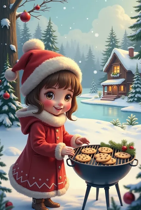  a girl, Grilling mornings cookies with Christmas landscape
