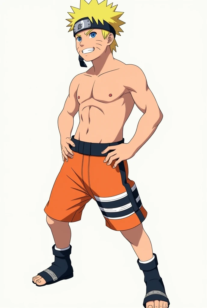 naruto(s )wearing orange shorts with black line ,  barefoot and shirtless  ,