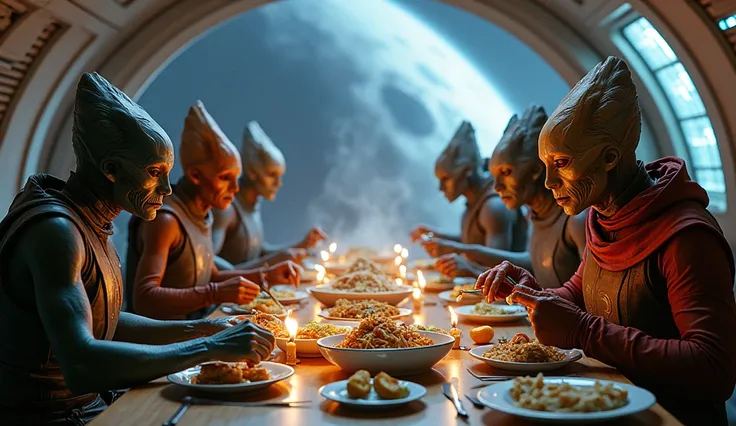 create realistic sci fi image of"On a starship filled with alien cultures, a simple meal became a bridge of understanding, as humans and extraterrestrials shared flavors, stories, and traditions—unaware that their unity would soon face a hidden threat."