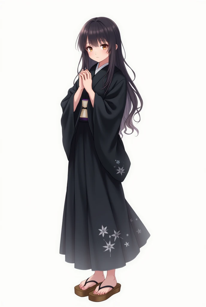 Anime teen woman wearing black yukata with flowers and getas full body white background with her hands on her chest and clinging