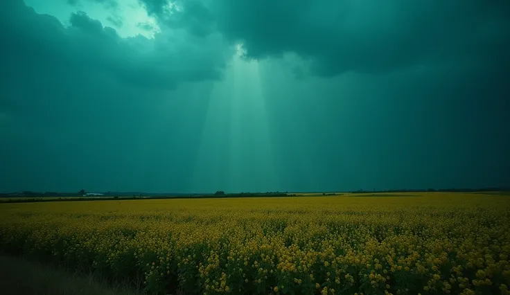 minimal, cinematic, lemon verbena fields, thunderstorm, dark teal and amber, Sony A7 IV