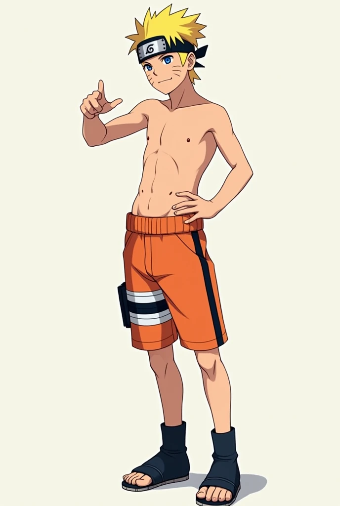 naruto(s )wearing orange shorts with black line ,  barefoot and shirtless  ,