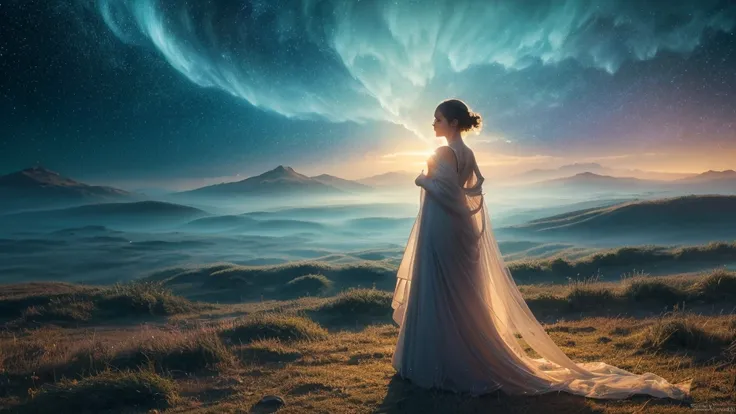 a dreamy, fantastical scene with soft, swirling wind in the background, glowing light particles floating in the air, a silhouetted figure walking into the distance, and vibrant beams of light symbolizing transformation and spiritual connection, in a myster...