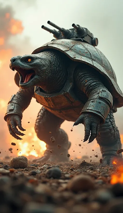 On a fiery battlefield, a monstrous hybrid of a turtle and a tank dominates the chaos. Its massive shell is fused with heavy steel plating, complete with a rotating turret and a powerful cannon emerging from its back. The hybrid moves on thick, armored leg...