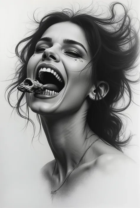 charcoal pencil drawing, 4k, best quality, realistic drawing, professional sketch, a drawing of a woman with a skull in her mouth, aetherpunk digital airbrush art, digital airbrush art, in the style of Anne Stokes, monochrome airbrush painting, drawing rea...