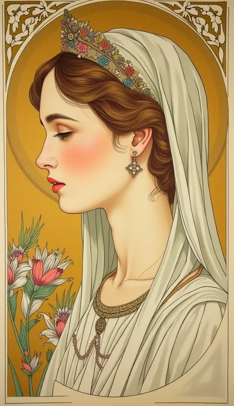 Lithograph by Alphonse Mucha。 Beautiful Virgin Mary。profile。golden plain background 