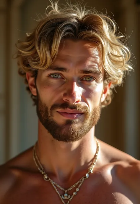 Realistic beautiful skinny Irish man with gorgeous eyes, 8k masterpiece detailed green eyes blonde curly hair curly beard realistic eyes in sunlight colourful underwear full body shirtless hairy chest masculine jewelries in a palace fabulous look diamond r...