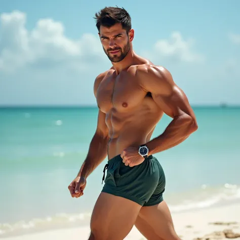 Bigs muscle captured mid-workout, with a focused, active stance in stylish swim trunks on a tranquil beach with soft sand and blue skies captured mid-workout, with a focused, active stance standing confidently with a steady posture in stylish swim trunks w...