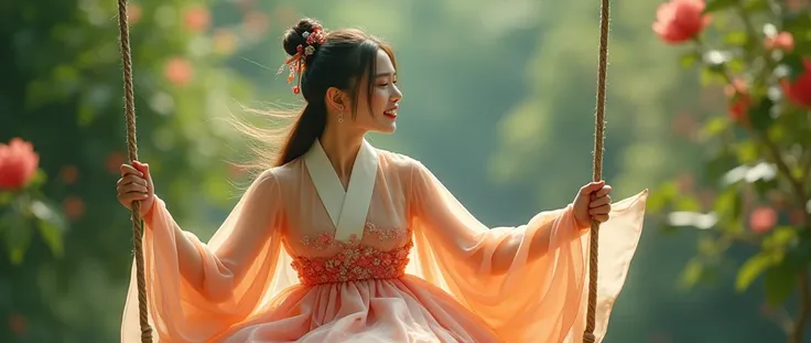 (cinematic), (artwork), (masterpiece), (best quality), Raw, 8K, masterpiece, extremely sharp focus, intricate details, A beautiful female, splendid sheer opened Hanfu, sitting on a swing in the garden in summer, her dress fluttering in the wind, the joy in...