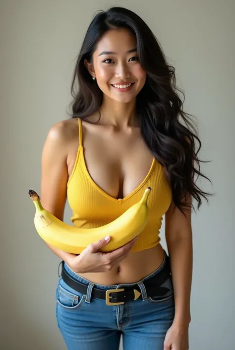 beautiful asia girl,long hair,plump body,big breast,wearing dark yellow collared singlet  t-shirt,skinny blue jens,black belt,hand holding a big banana,Smile,