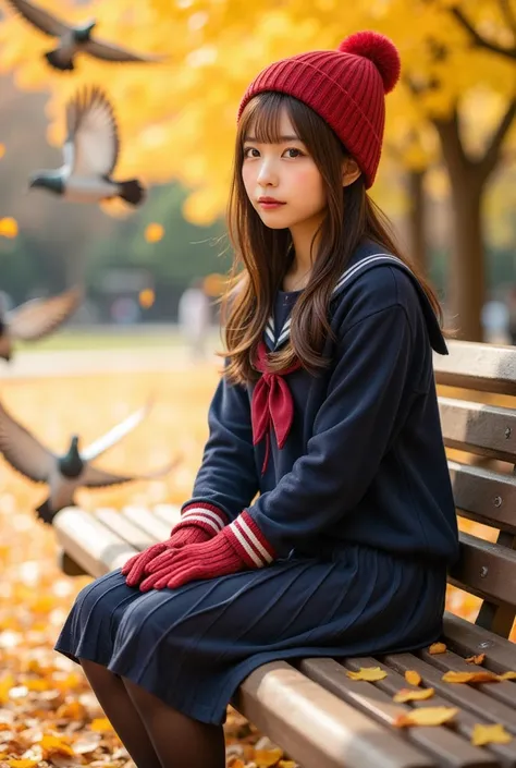  beautiful Japanese woman , Front View,  Woman sitting on a bench in a park ,  Breathtakingly Beautiful Photos , ( Many pigeons soar into the sky behind:1.8),  brown hair, 細身の体:1.331,  anatomically correct proportions :1.331,  has a small head:1.331,  Famo...