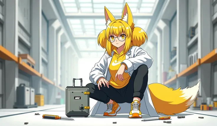 Yellow-haired young woman with yellow fox ears with 2 yellow tails with yellow eyes wearing white scientists coat with yellow Nike sweatshirt with Nike Jordan sneakers with black Adidas pants with round and cute glasses in front fixing a power box a huge w...