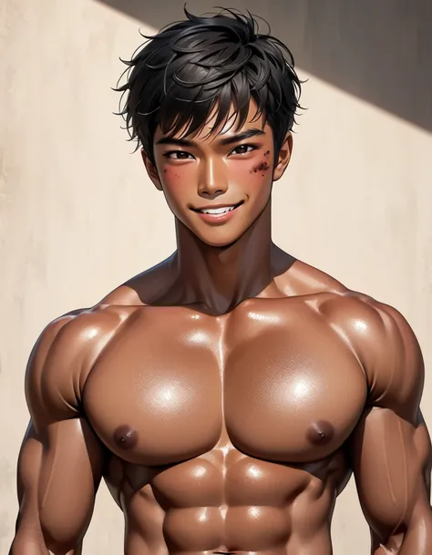 High Quality,　Details,　realistic ,(Japanese body　builder boy who got sunburned solo:1.2),(Details black eyes), (black short hair), (tanned dark brown skin),(Black little tanga), (bulge), (Details nipples),　Details areola, looking for viewers, smirk,