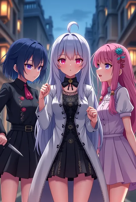 An anime-style scene featuring three waifu characters standing together in a magical steampunk city at dusk, with glowing lights and mystical elements in the background. On the left, a confident gal with dark blue hair and bright purple eyes, wearing a mod...