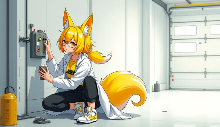 Yellow-haired young woman with yellow fox ears with 2 yellow tails with yellow eyes wearing white scientists coat with yellow Nike sweatshirt with Nike Jordan sneakers with black Adidas pants with round and cute glasses in front fixing a power box on the w...