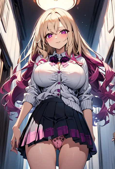  1 girl 　 pretty girl 　 anime style　Anime Face　 anime style　Beauty　Big Breasts　 the jacket is a white cardigan　Black color pleated skirt　The color is very dark pink, red, and purple, and a leopard pattern T-back　Very small panties　Very thin panties　Blonde ...