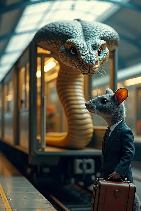 surealis, ultra realistic,  a train with the head of a cobra snake ,  transparent long body part displaying the interior of the train in general , detail and realistic, was on the train tracks in the statsiun ,  anthropomorphic rat wearing a formal suit an...