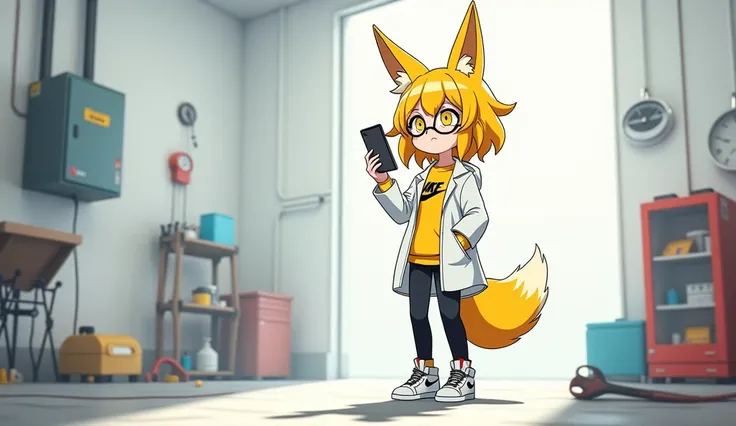 Yellow-haired young woman with yellow fox ears with 2 yellow tails with yellow eyes wearing white scientists coat with yellow Nike sweatshirt with Nike Jordan sneakers with black Adidas pants with round and cute glasses in front seeing a curious cell phone...