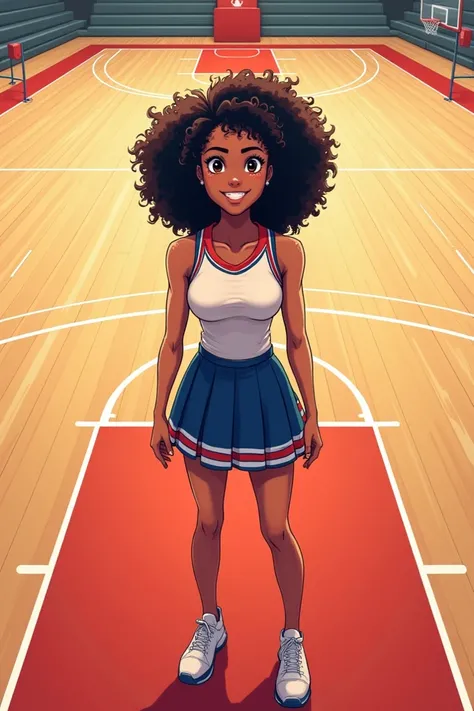 Illustration of a woman with white skin, dark curly hair, wearing a cheerleader outfit smiling in the center of a basketball court, looking forward