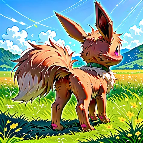  In a field,  (by Hioshiru), (Purple eyes:1.2), (Collar:1.2), (Snout:1.2), (Solo:1.2), (shy expression:1.8), (quadruped, feral, canine), (feral:2), (eevee:1.3), ((detailed fluffy fur)), looking back, standing, (rear view:1.6), (Young:1.2), (Small butt:1.2)...