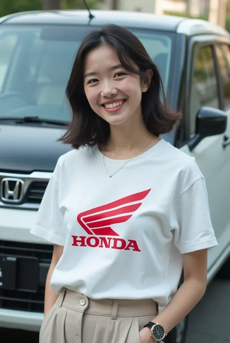 A cute Japanese woman taking a photo in front of a Honda nbox wearing a large Honda logo T-shirt and chinos, headshot standing in front of her head shot wearing a Daniel Wellington watch on her arm