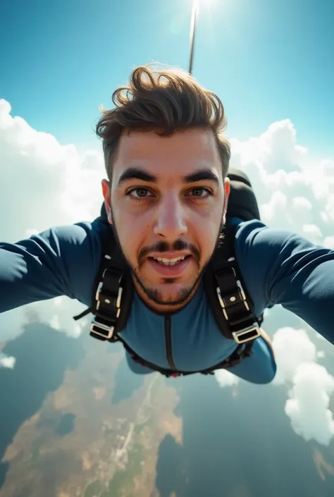 A young, adventurous 27-year-old man captured mid-skydive, with the image taken from a GoPro for a natural, Instagram-worthy feel. The man’s face is accurately detailed, matching the provided photo—short dark hair, a well-groomed beard, and expressive eyes...