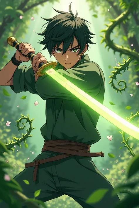 Make a anime swordsboy with the sword having plant powers and make the boy 19 years old