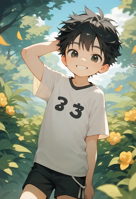 a japanese small young boy,cute,black hair,black eyes,t shirt,short pants,smiling,