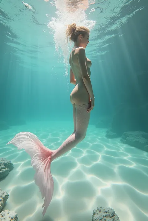  Realistic photo Clear sea water sand white ,naked girl with a mermaid fish tail , thin waist, fornication , debauchery,  sadomiya , sex, fractal pattern, clear carved transparent ,Fine lines,only white/ full-length pink colours , Dawn,frosty patterns arou...